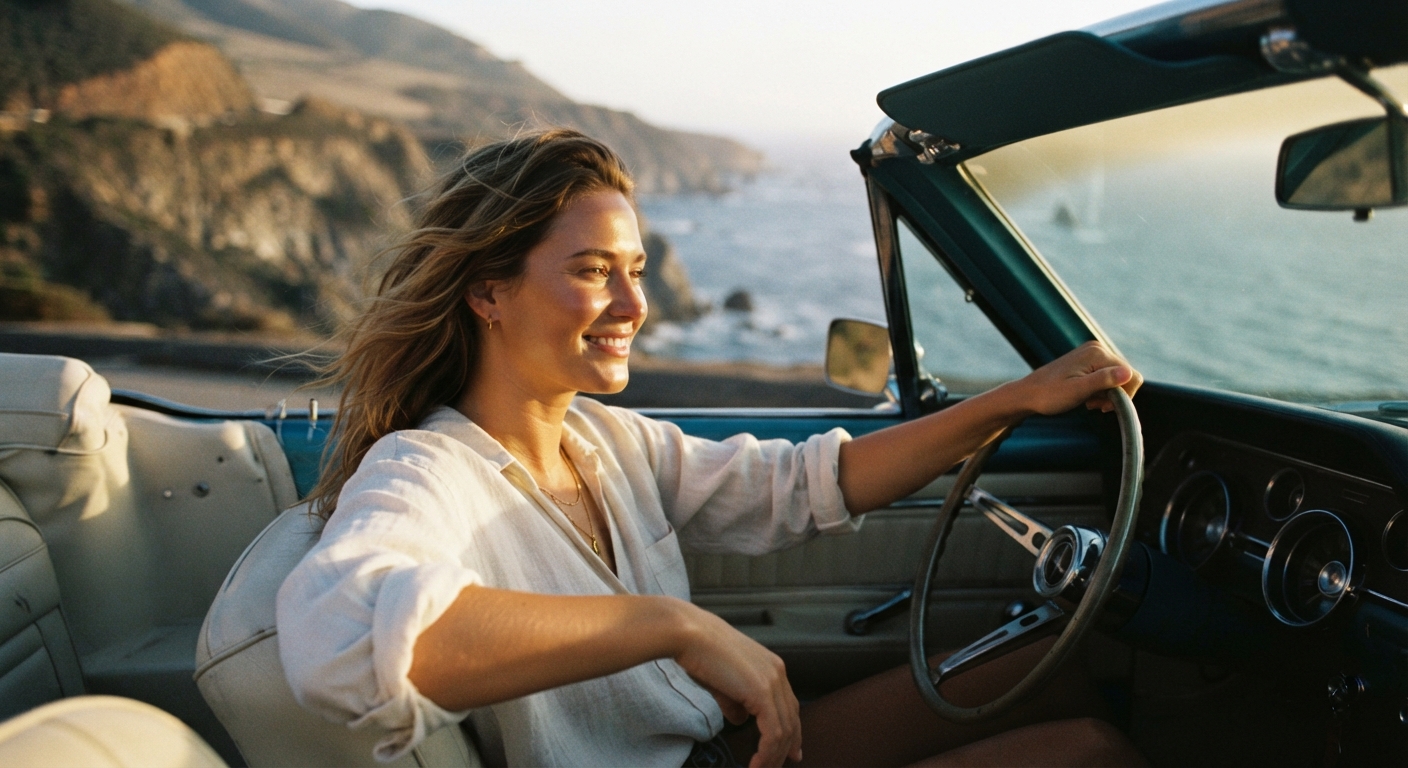 Smiling woman driving a convertible along a coastal highway