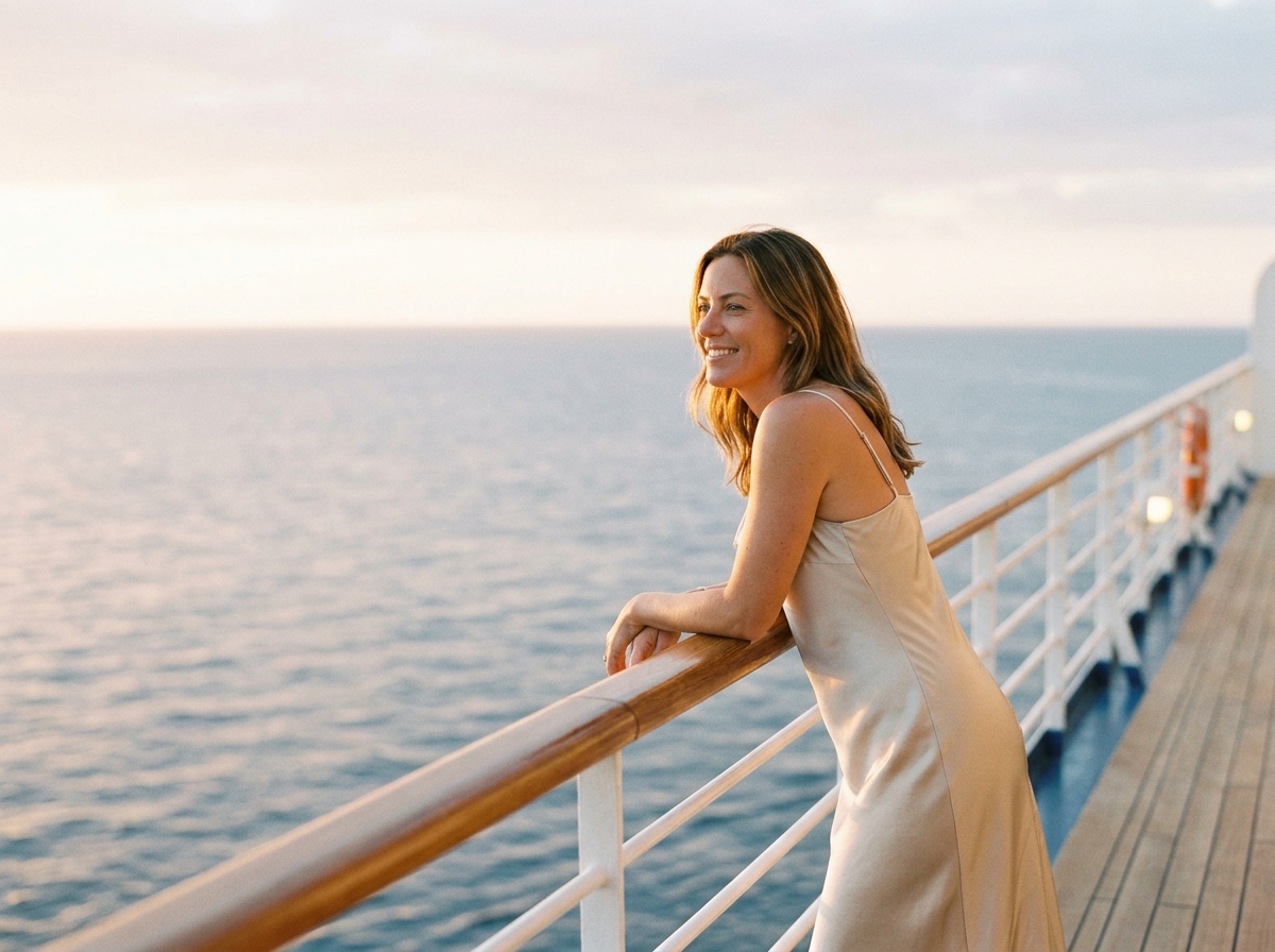 Woman in a champagne slip dress smiling at the rail of a cruise ship deck
