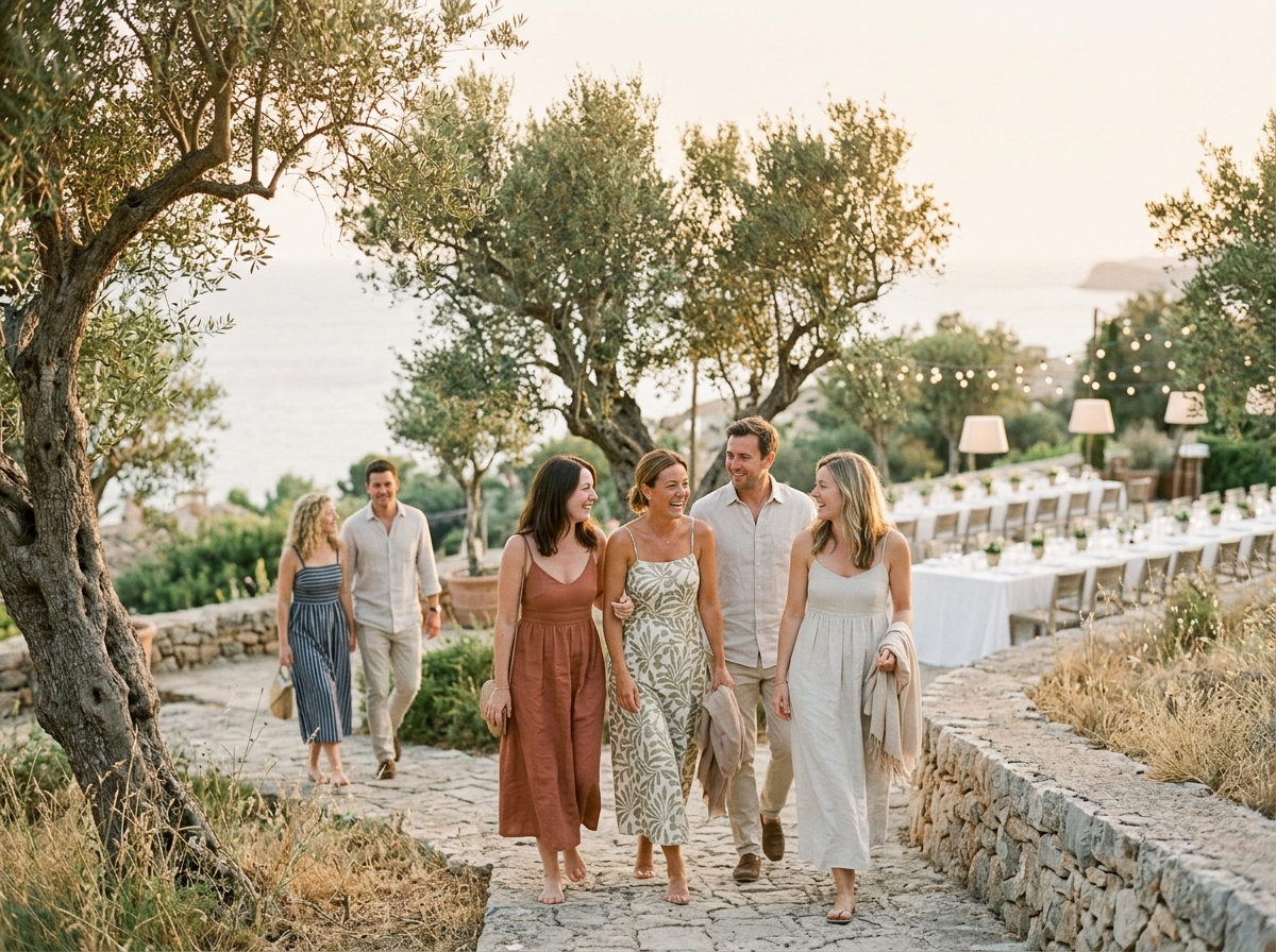 Wedding guests walking along a stone path through an olive grove toward a long dinner table by the sea