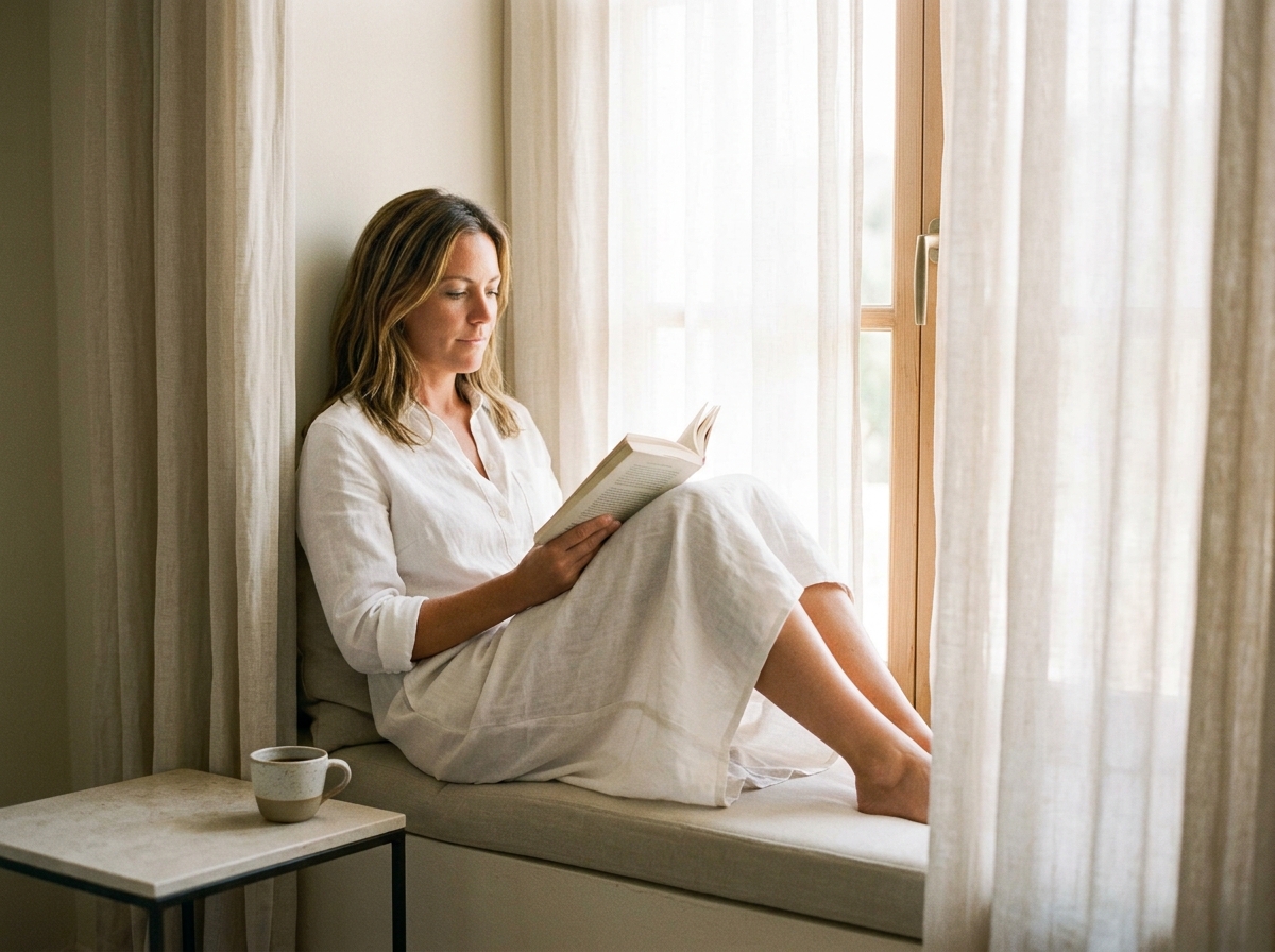 Woman in white linen reading on a sunlit window seat