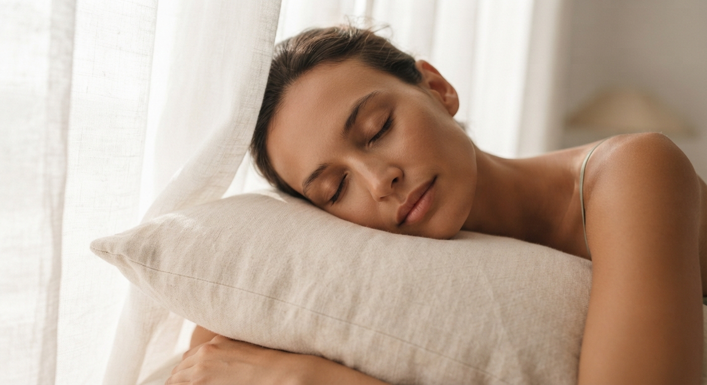 Woman resting on a linen pillow in soft morning light