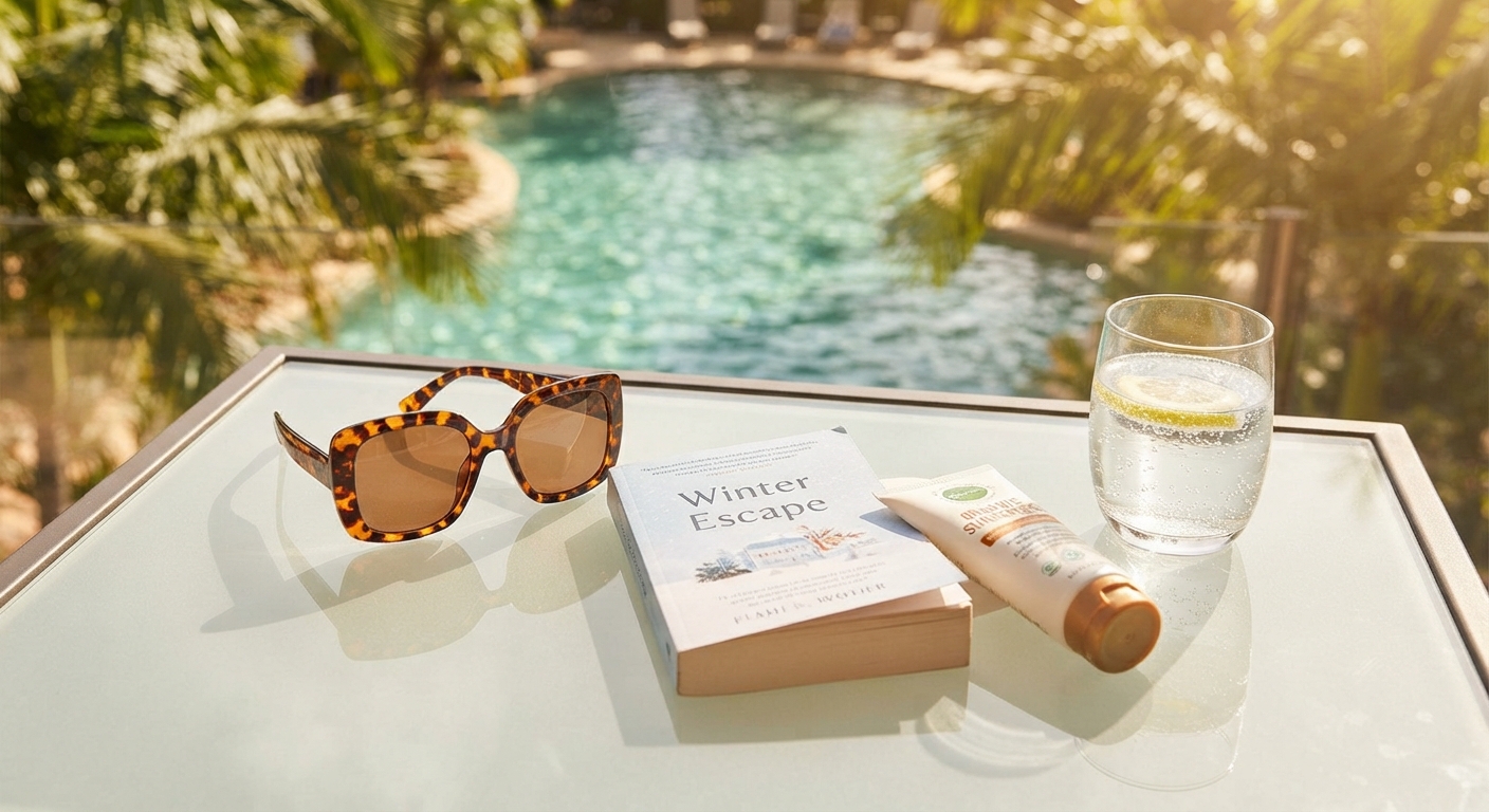 Sunglasses, a book, sunscreen and a glass of water on a table beside a resort pool