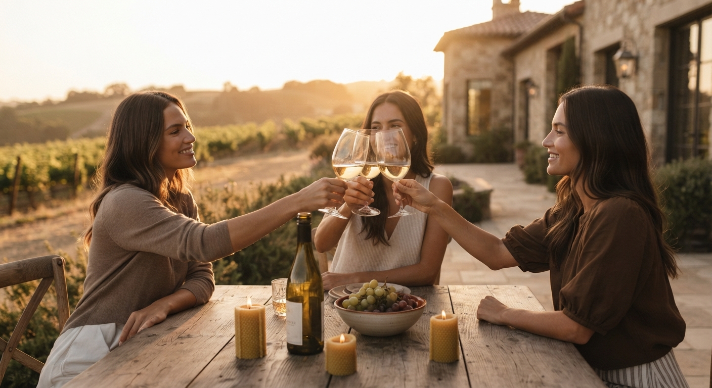 Three women raising wine glasses at a candlelit table on a vineyard terrace at sunset