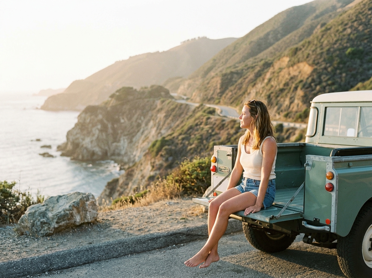Woman sitting on the tailgate of a sage-green truck above the coast on Highway 1